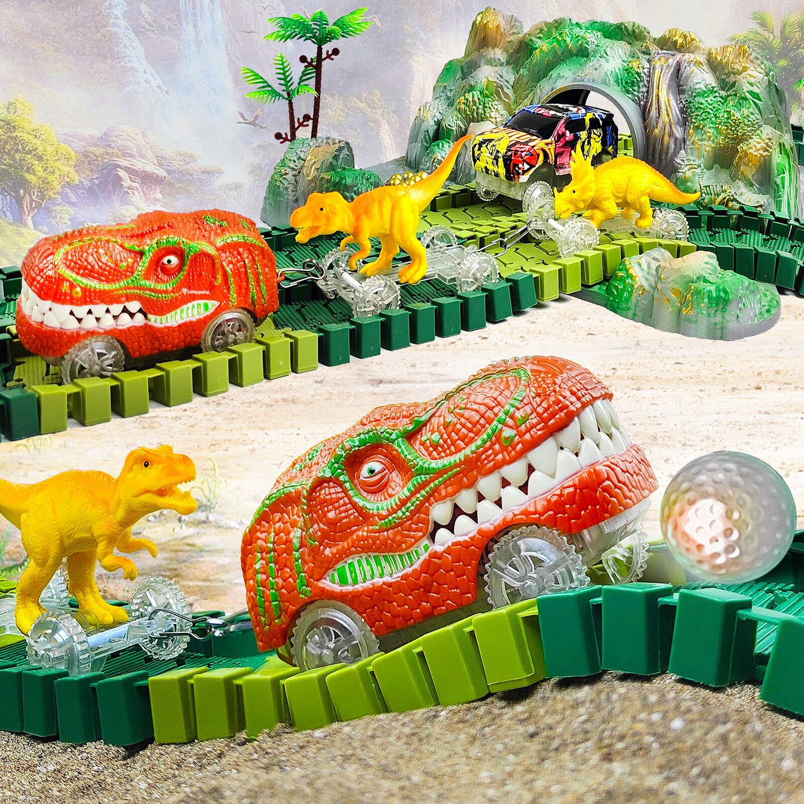 DinoTrack - Flexible Railway Race Track with LED Lights - Fun Educational DIY Dino Adventure