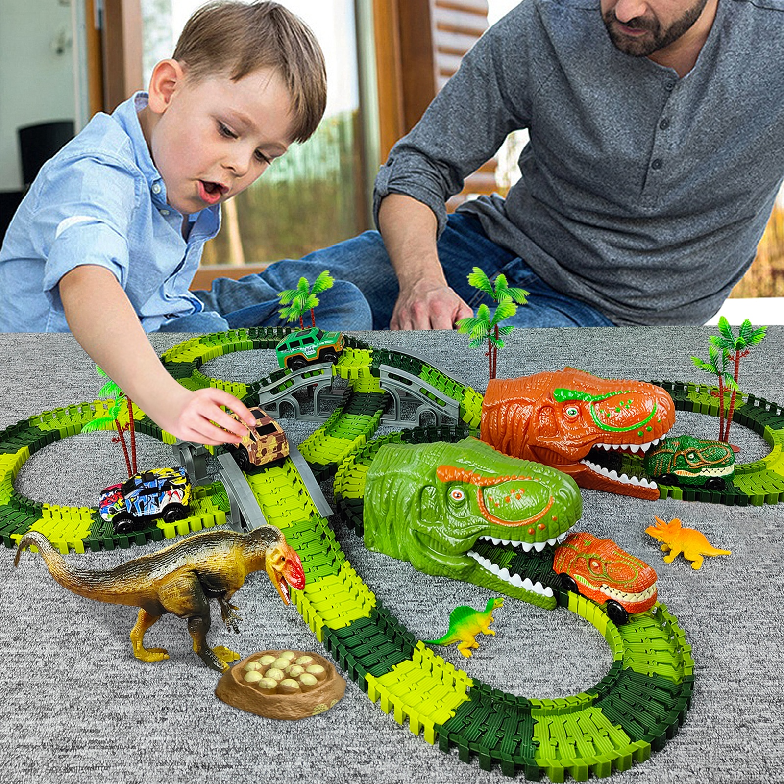 DinoTrack - Flexible Railway Race Track with LED Lights - Fun Educational DIY Dino Adventure