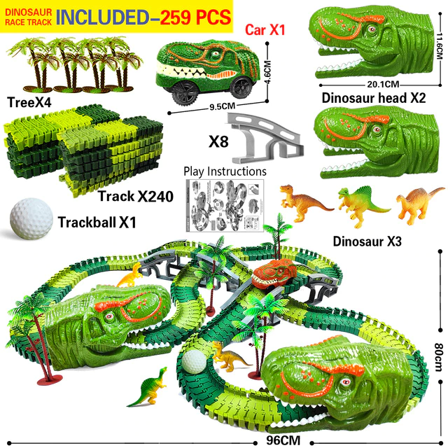 DinoTrack - Flexible Railway Race Track with LED Lights - Fun Educational DIY Dino Adventure