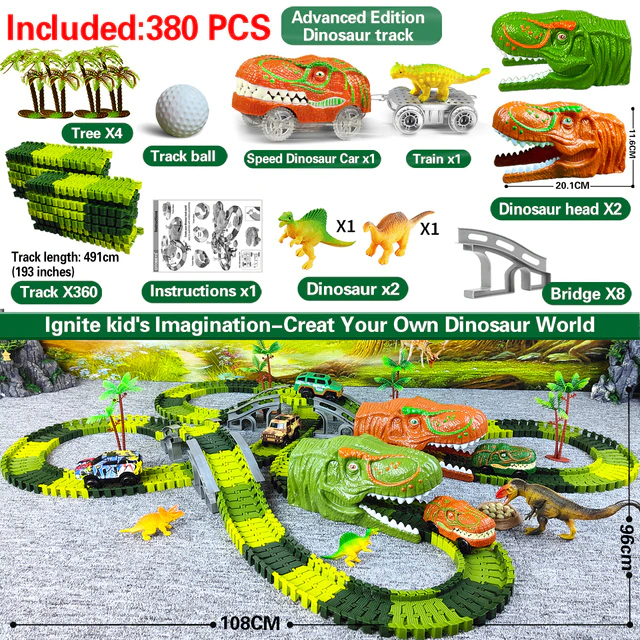 DinoTrack - Flexible Railway Race Track with LED Lights - Fun Educational DIY Dino Adventure