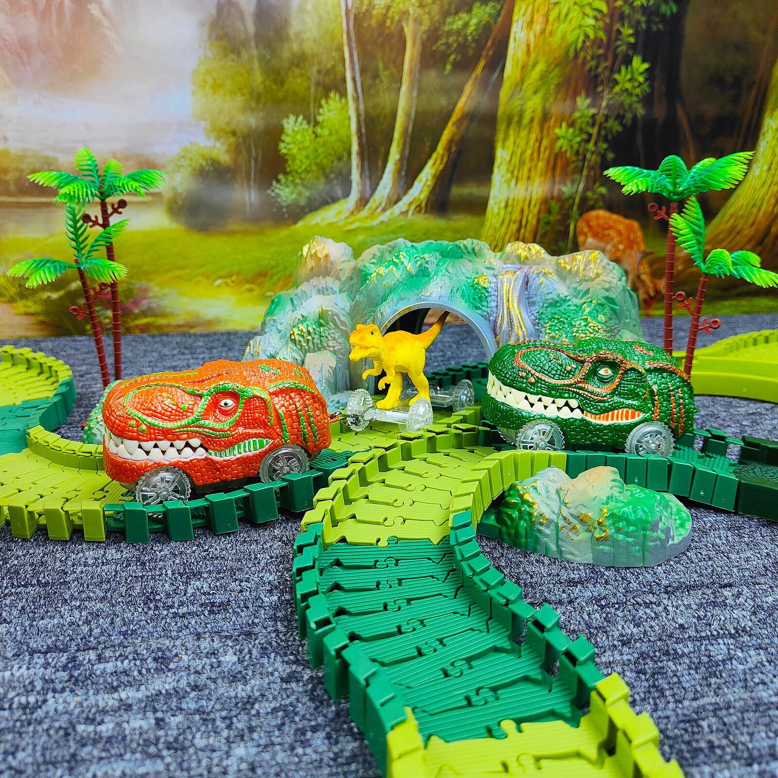 DinoTrack - Flexible Railway Race Track with LED Lights - Fun Educational DIY Dino Adventure