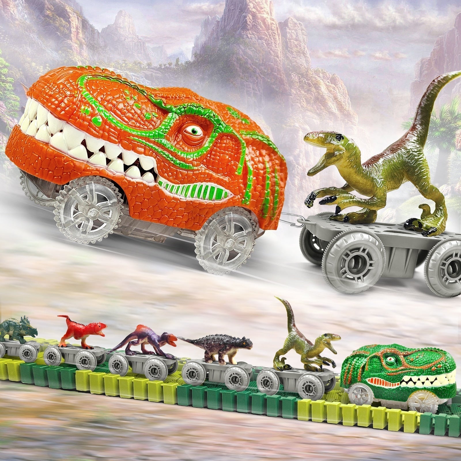 DinoTrack - Flexible Railway Race Track with LED Lights - Fun Educational DIY Dino Adventure