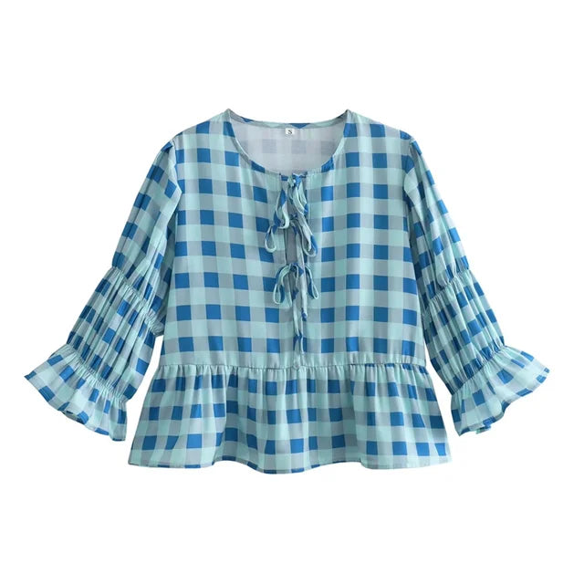 Harper - Stylish Blue Checked Blouse - Perfect for Casual and Chic Outfits