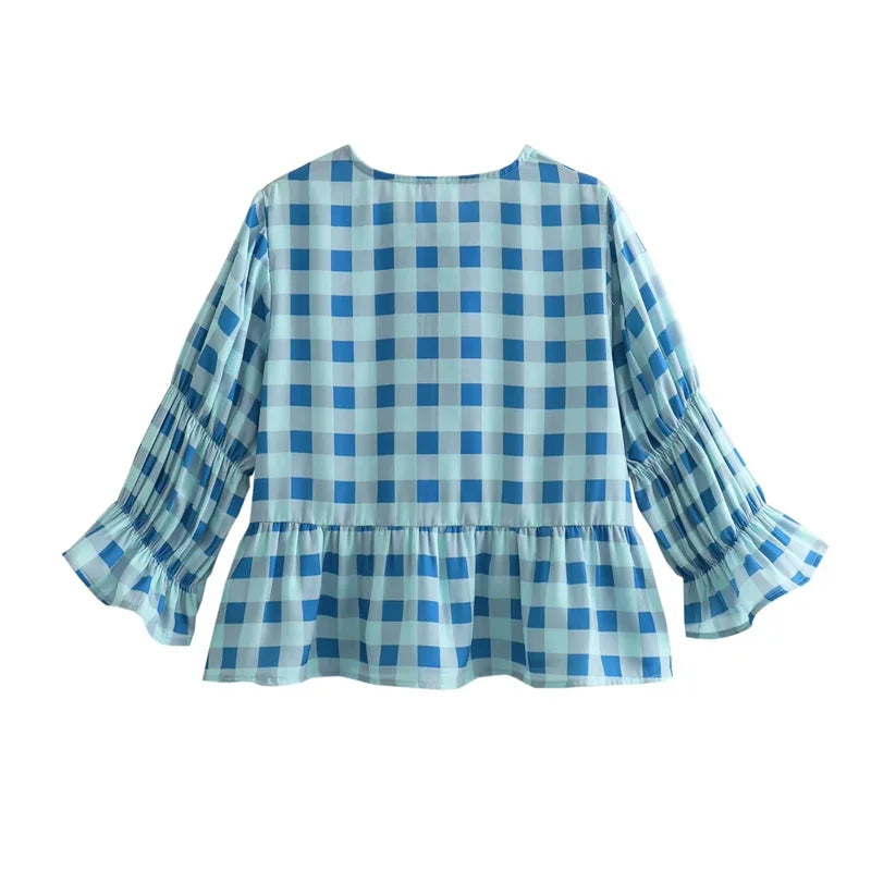 Harper - Stylish Blue Checked Blouse - Perfect for Casual and Chic Outfits