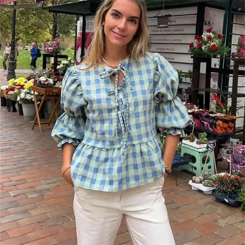 Harper - Stylish Blue Checked Blouse - Perfect for Casual and Chic Outfits
